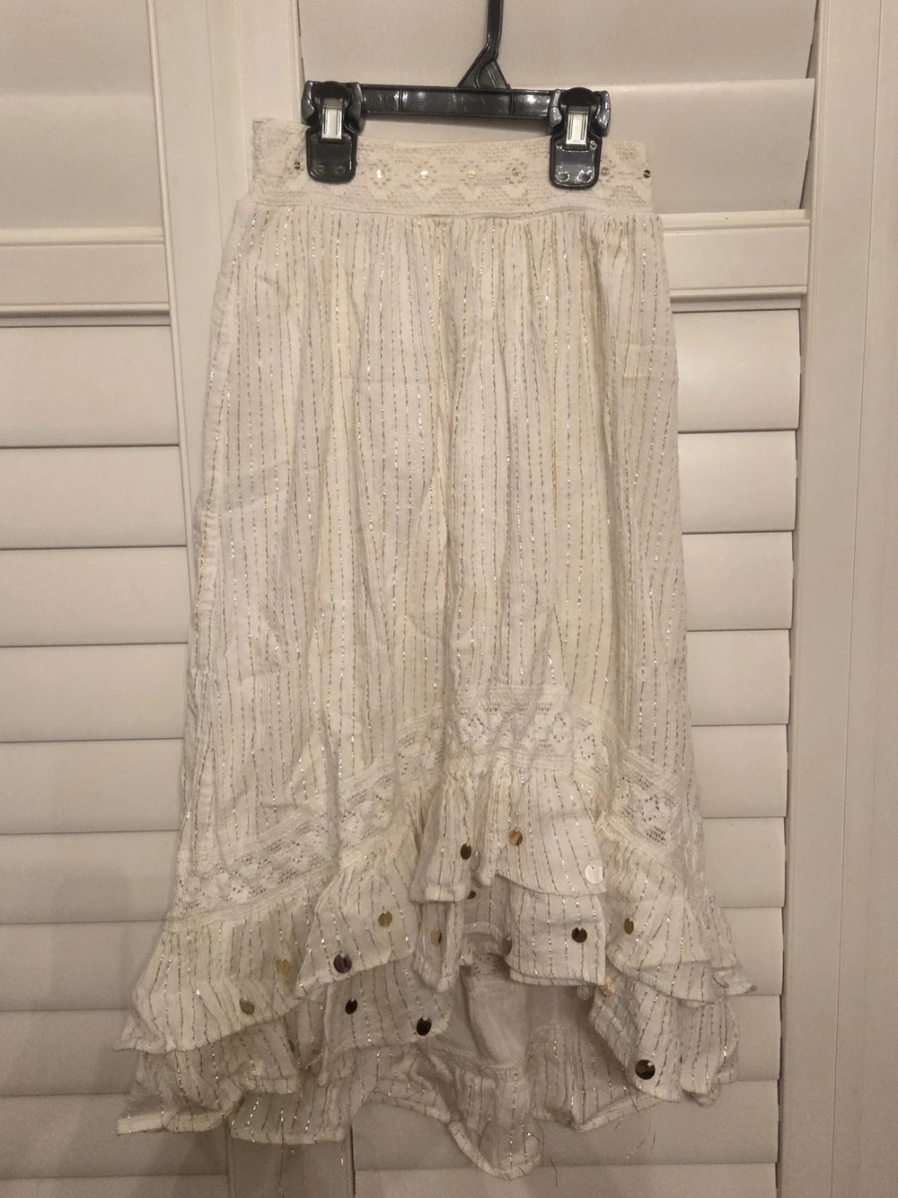 Justice Cream High-Low Tiered Ruffle Skirt with Metallic Thread Size 10